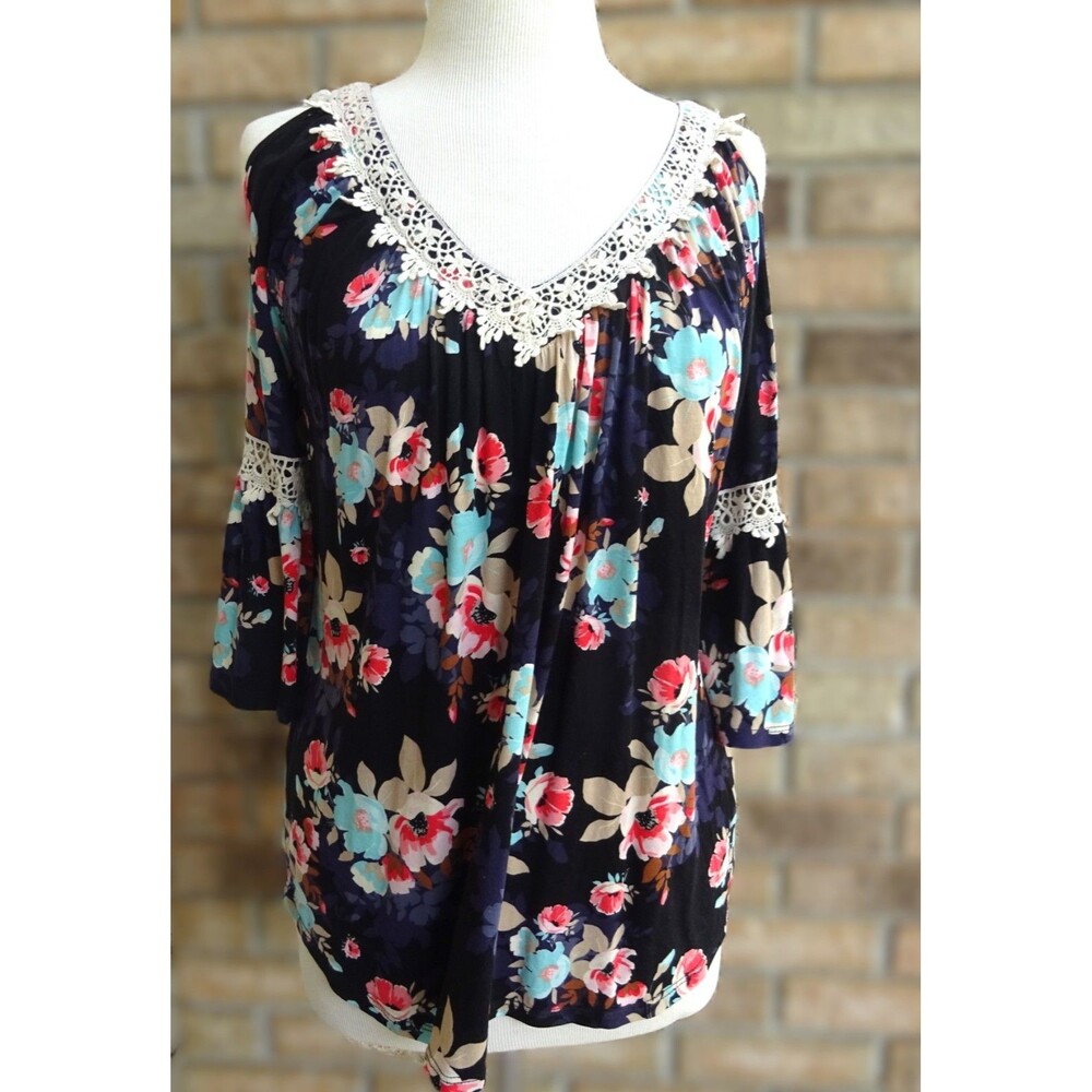 Always Indigo Black Floral Cold Shoulder Top - Size L